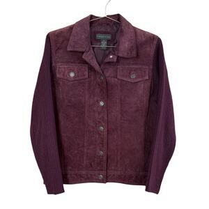 Relativity plum purple leather sweater‎ sleeve button bomber jacket SIZE M